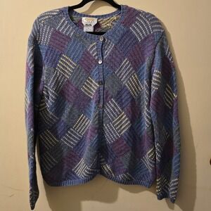 Talbots Petites Hand Knit Cardigan Blue Multi Patchwork Cotton Linen Sweater M